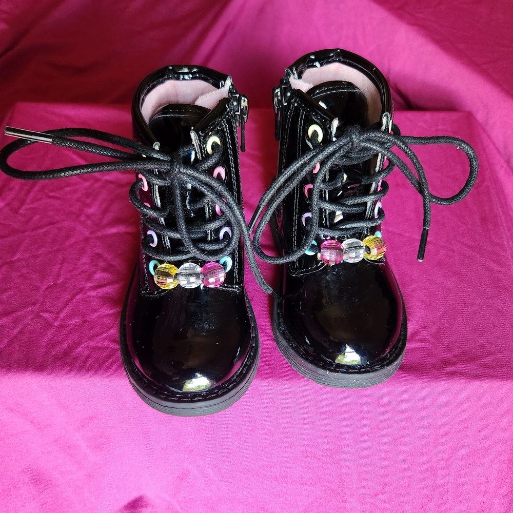 The Children's Place Black and Pink Combat Boots with Glossy Finish - Picture 11 of 11